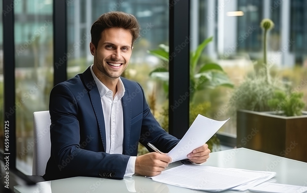 Young architect with a smiling face sitting and working with documents in a clear glass office