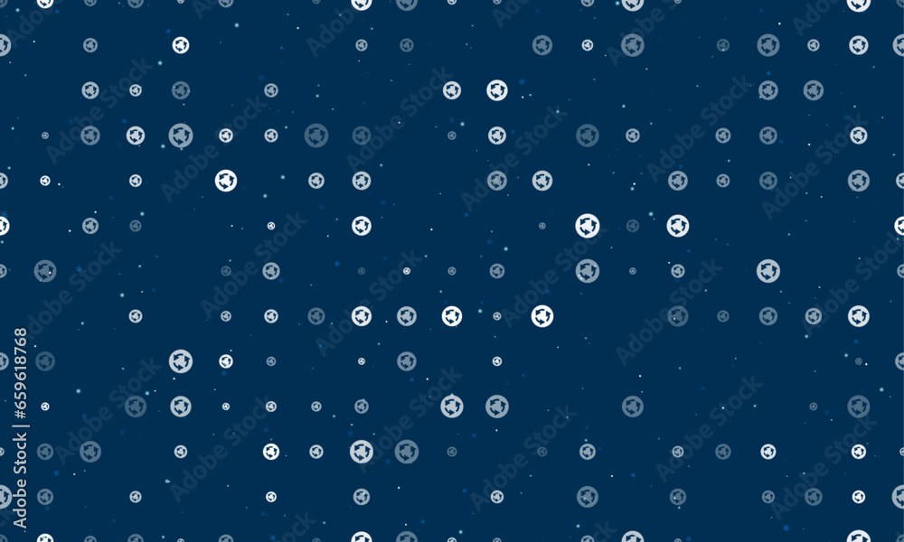 Seamless background pattern of evenly spaced white roundabout signs of different sizes and opacity. Vector illustration on dark blue background with stars