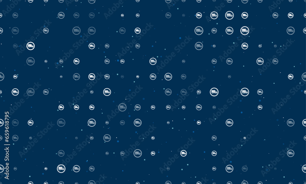 Seamless background pattern of evenly spaced white truck traffic signs of different sizes and opacity. Vector illustration on dark blue background with stars