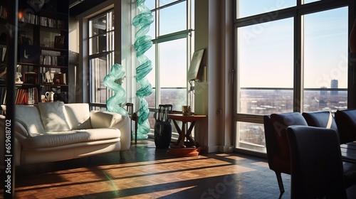 General view of luxury living room interior with armchairs, sofa and hanging basket chair