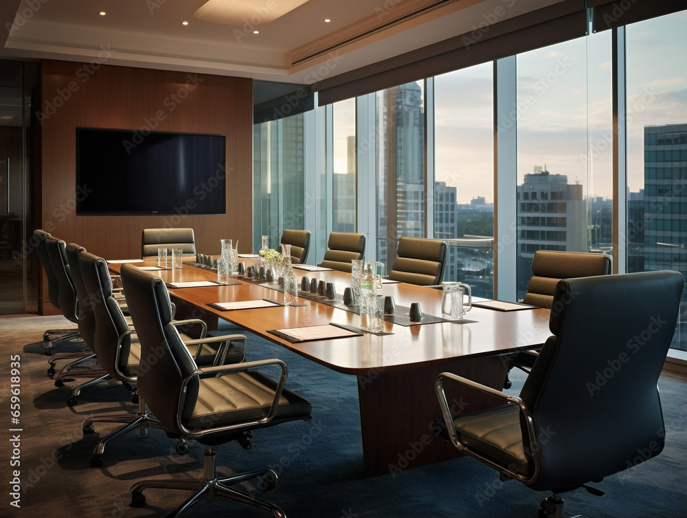 A contemporary boardroom showcasing a spacious table and comfortable seating arrangement.