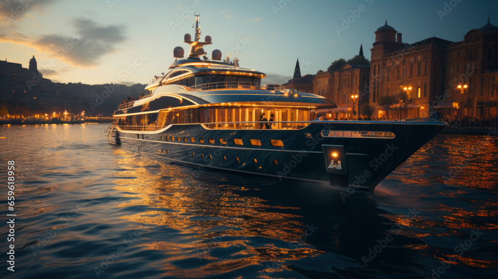  yacht on river in night city. luxury and expensive lifestyle.  Rest and relaxation concept. banner - obrazy, fototapety, plakaty 