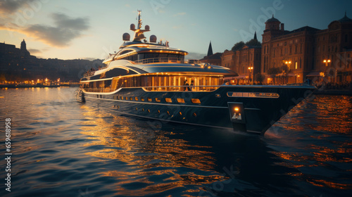  yacht on river in night city. luxury and expensive lifestyle. Rest and relaxation concept. banner