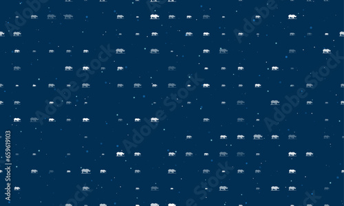 Seamless background pattern of evenly spaced white wild rhino symbols of different sizes and opacity. Vector illustration on dark blue background with stars