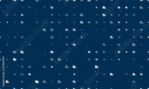 Seamless background pattern of evenly spaced white rhinoceros head symbols of different sizes and opacity. Vector illustration on dark blue background with stars