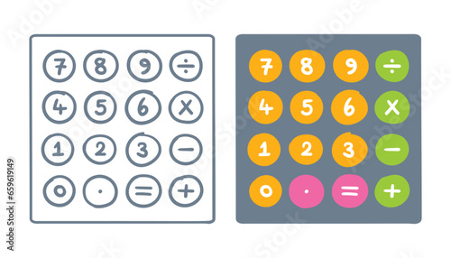 hand drawn calculator. doodle calculator. scribble 0-9 math numbers. hand drawn four process symbols