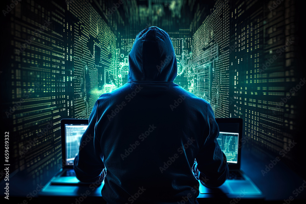 Silhouette of hooded computer hacker on background of multiple displays and digital information. Data thief, internet fraud, darknet and cyber security concept Silhouette of hooded computer hacker on background of multiple displays and digital information. Data thief, internet fraud, darknet and cyber security concept