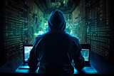 Silhouette of hooded computer hacker on background of multiple displays and digital information. Data thief, internet fraud, darknet and cyber security concept