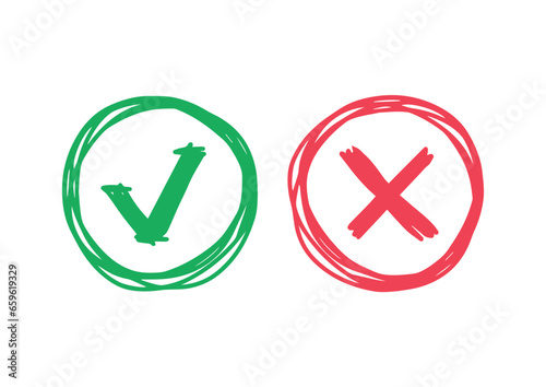 hand drawn check mark and cancel sign. approval and cancellation concept. scribble check symbol and cancel symbol