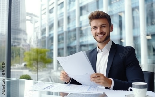 Young architect with a smiling face sitting and working with documents in a clear glass office