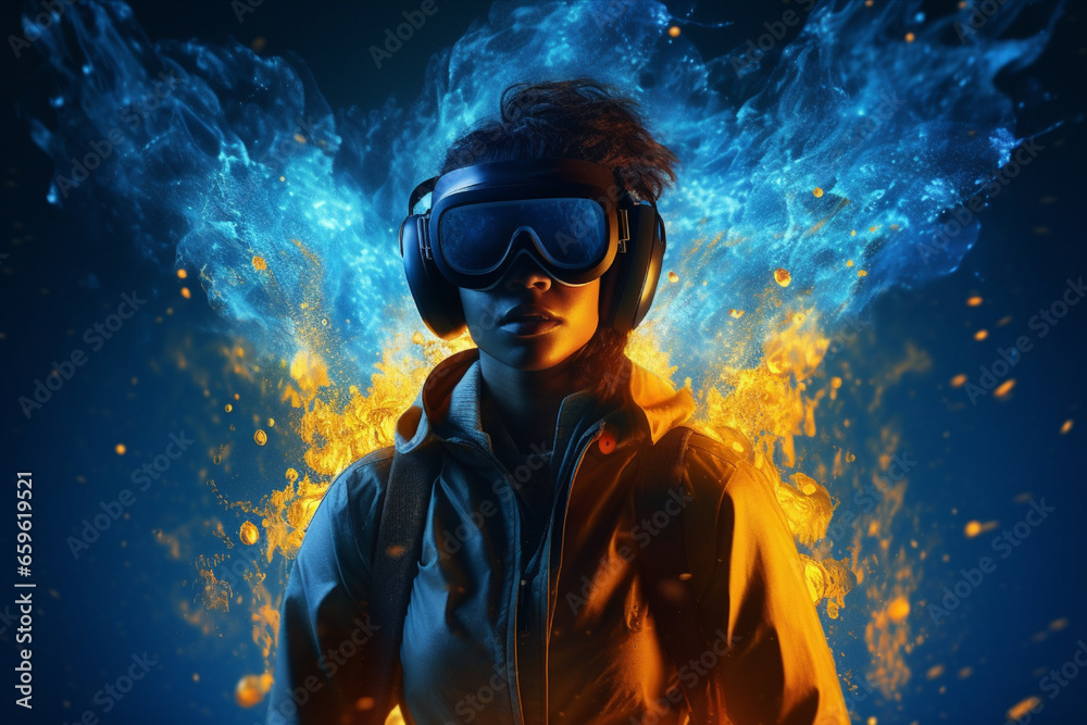 Person wearing virtual reality goggles. Future metaverse technology concept. Person wearing virtual reality goggles. Future metaverse technology concept.
