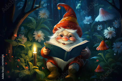 Cute sleepy gnome, reading book, night forest. Cartoon character.