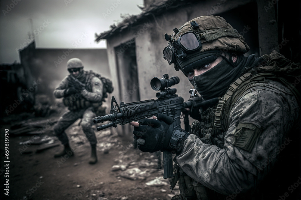 Modern soldiers, new weapons. Located in a war zone. Modern soldiers, new weapons. Located in a war zone.