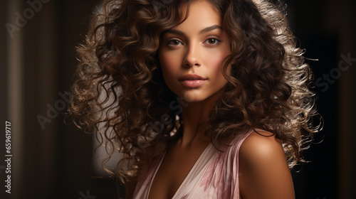 A close-up portrait of a young woman with cascading, bouncy curls that frame her face beautifully