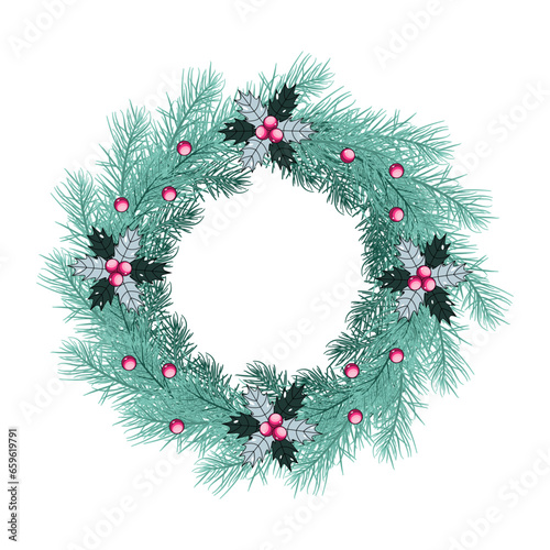 Christmas wreath with fir branches and holly berries. Vector illustration.