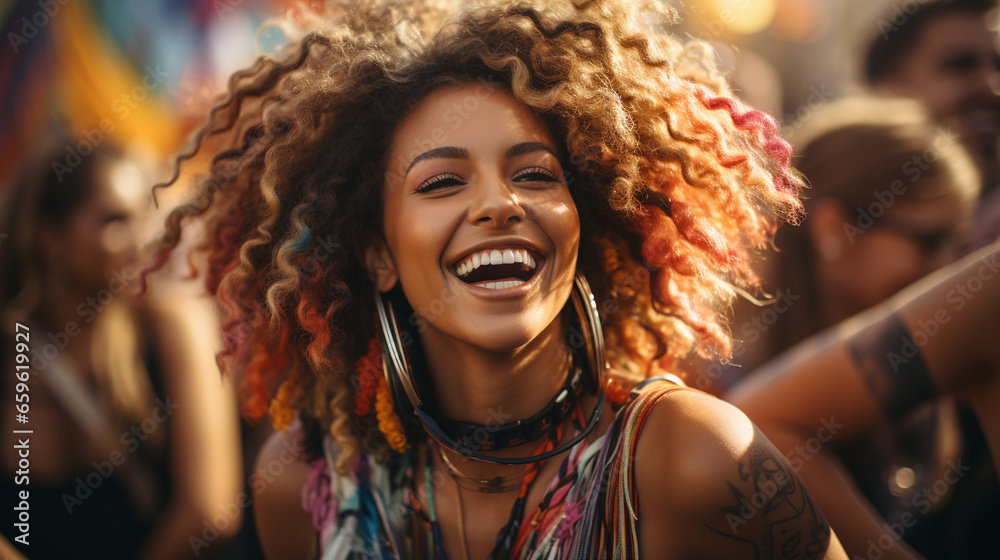 A vibrant music festival crowd, with a diverse group of people, each showcasing their distinct curly hairstyles while dancing to the music