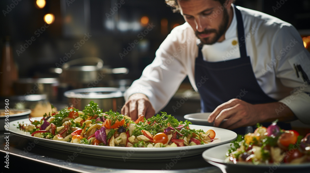 A close-cropped shot of a chef in a bustling kitchen, their tight curls peeking out from under a chef's hat as they prepare a gourmet dish A close-cropped shot of a chef in a bustling kitchen, their tight curls peeking out from under a chef's hat as they prepare a gourmet dish