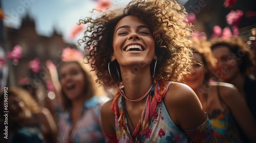 A vibrant music festival crowd  with a diverse group of people  each showcasing their distinct curly hairstyles while dancing to the music