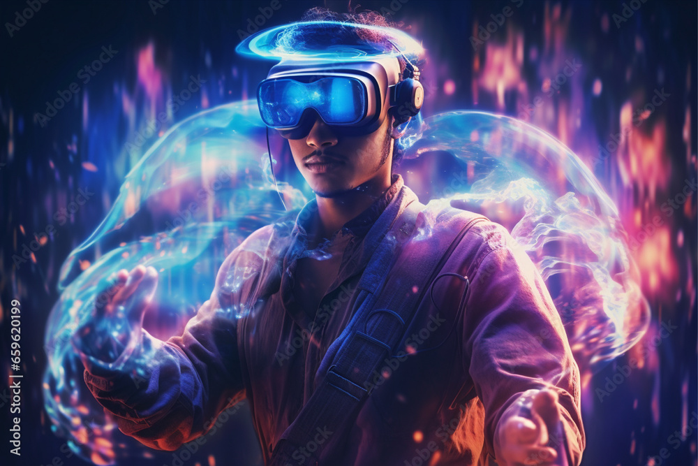 Fototapeta premium Person wearing virtual reality goggles. Future metaverse technology concept. 