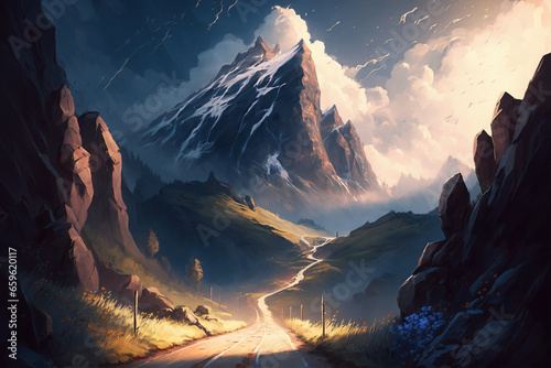 Ascension Through the Elevation: A Mesmeric Mountainous Journey in Digital Hues. Generative AI 