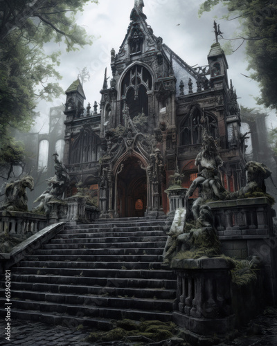 Creepy gothic scary mansion with large stairs
