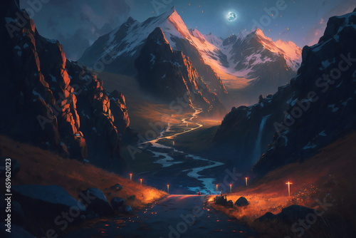 Ascension Through the Elevation: A Mesmeric Mountainous Journey in Digital Hues. Generative AI 