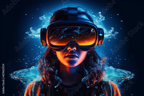 Person wearing virtual reality goggles. Future metaverse technology concept. 