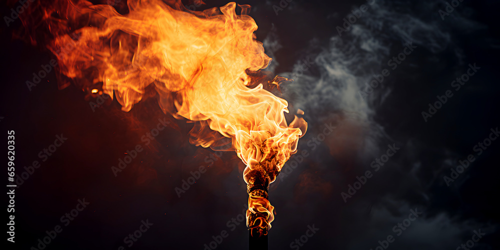 Gas torch is burning with strong orange natural gas flame with smoke on oil refinery plant on black sky background - obrazy, fototapety, plakaty 