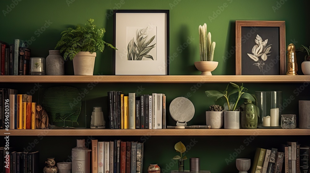 a bookshelf filled with lots of books and plants. generative ai a bookshelf filled with lots of books and plants. generative ai