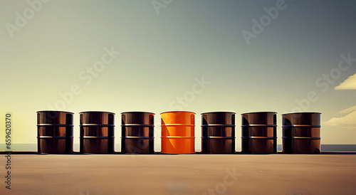Oil crude petroleum fuel barrels standing in row on sand outdoor. Petrol industry concept.