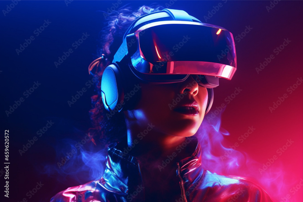 Person wearing virtual reality goggles. Future metaverse technology concept. Person wearing virtual reality goggles. Future metaverse technology concept.