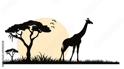  a silhouette of a giraffe standing next to a tree.  generative ai