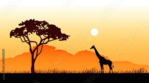  a silhouette of a giraffe standing next to a tree.  generative ai © Anna