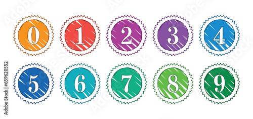 hand drawn colorful 0-9 numbers on white background