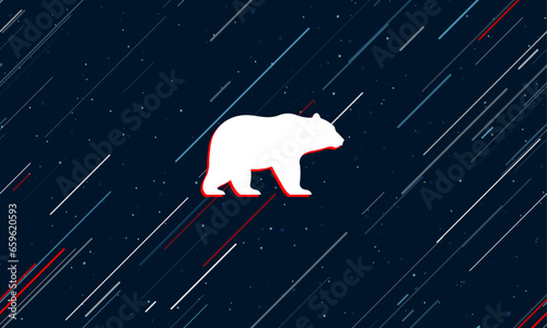 Large white bear symbol framed in red in the center. The effect of flying through the stars. Vector illustration on a dark blue background with stars and slanted lines