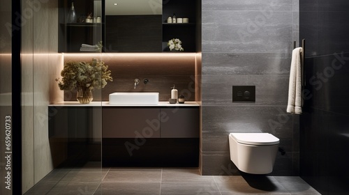 Opt for simplicity in a minimalist washroom with a wall-mounted toilet and clever hidden storage solutions.