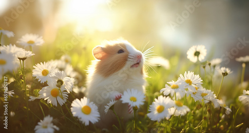 Hamster in the meadow with chamomiles on a sunny day with copy space.