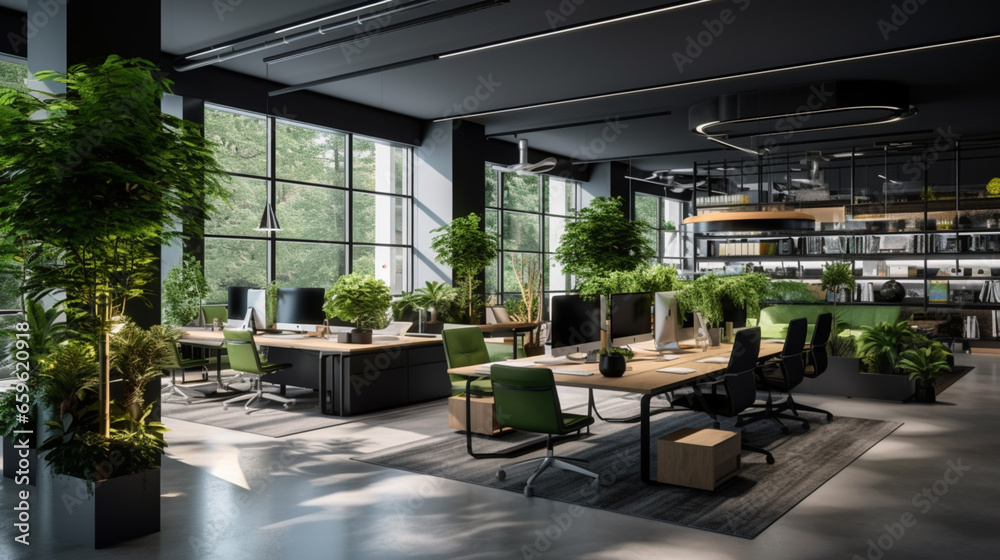 spacious open space office with modern furniture, office chairs, work desks, green natural plants and led lighting, workspace organization concept spacious open space office with modern furniture, office chairs, work desks, green natural plants and led lighting, workspace organization concept