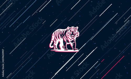 Large white tiger symbol framed in red in the center. The effect of flying through the stars. Vector illustration on a dark blue background with stars and slanted lines