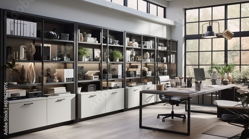 Picture a monochromatic office space where innovation meets organization. Imagine sleek, innovative storage solutions in a space that's both functional and stylish.