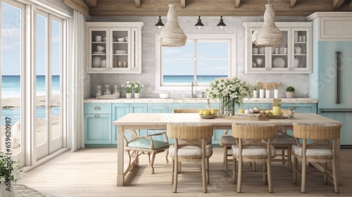 Picture a coastal chic kitchen with light colors and natural textures. It's like bringing a breath of fresh ocean air into your home. © ZUBI CREATIONS