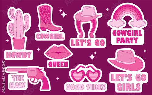 Retro pink cowgirl stickers set. Set of wild west stickers in pink color. Retro pink hat, flower, heart, revolver, glasses, horseshoe, guitar, lips, rainbow, bow, boots