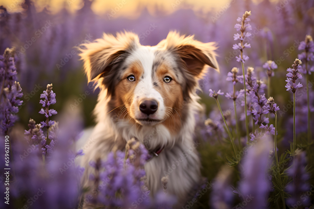 Portrait of a shaggy dog in a lavender field at sunset
