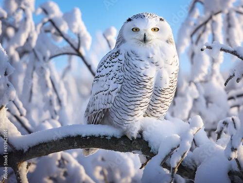 A majestic snowy owl perched on a snowy branch, showcasing V 52 style in R 00042 02 RL. photo