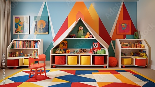 Play in a children's room with creative storage and vibrant colors.