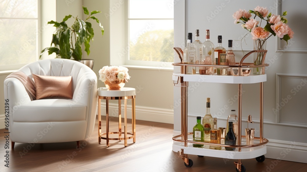 Raise the bar with a white lacquered bar cart, adorned with rose gold accents and glass shelves for a touch of sophistication. Raise the bar with a white lacquered bar cart, adorned with rose gold accents and glass shelves for a touch of sophistication.