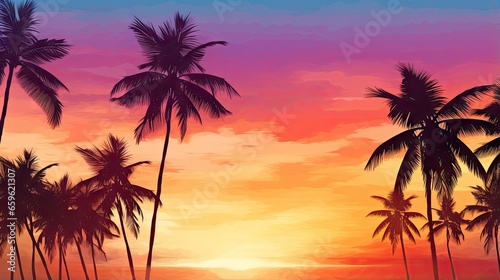  a painting of a sunset with palm trees in the foreground.  generative ai © Anna
