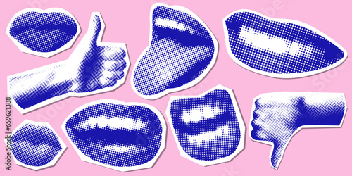 Set of retro halftone parts of body. Paper cutout with lips, hands. Y2K style. Vintage newspaper parts. Torn paper. Halftone collage. Smiling, kissing lips. Tongue stuck out. Like, dislike gesture