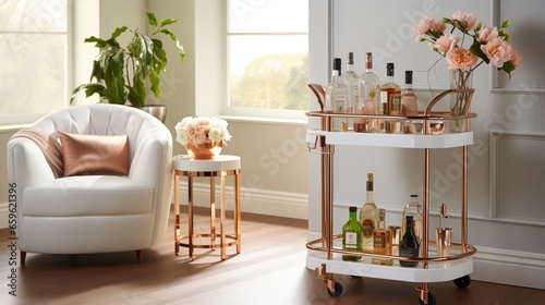 Raise the bar with a white lacquered bar cart, adorned with rose gold accents and glass shelves for a touch of sophistication.