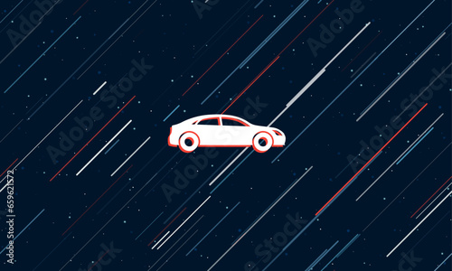 Large white car symbol framed in red in the center. The effect of flying through the stars. Vector illustration on a dark blue background with stars and slanted lines
